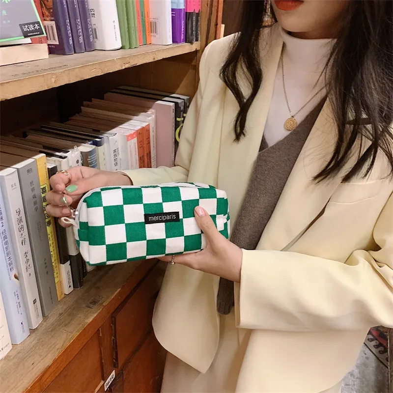 trousse de maquillage de voyage à carreaux, sac de rangement cosmétique, sacs à main pour femmes, portefeuille, étuis à crayons scolaires mignons, sacs en poudre, mode coréenne