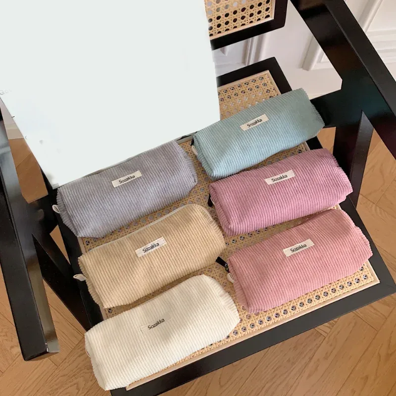 sac à cosmétiques en velours côtelé coréen, petite pochette de maquillage, trousse de toilette de voyage portable pour femmes, nécessaire de rangement, étui à crayons mignon pour étudiant