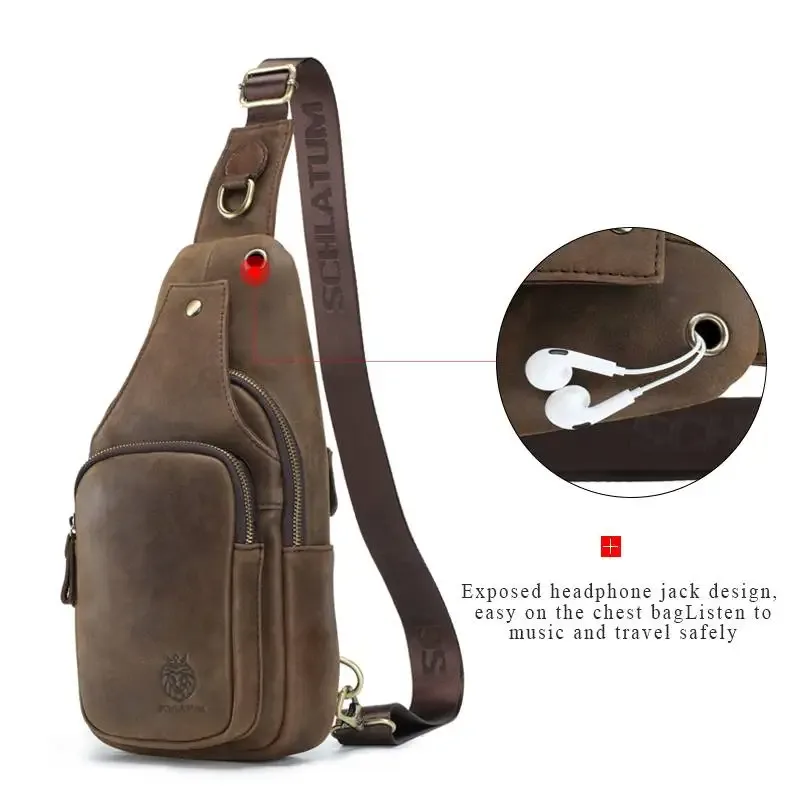 schlatum 100% sac de poitrine en cuir véritable décontracté triangle bandoulière conception voyage épaule sac à dos hommes en cuir sac multifonctionnel