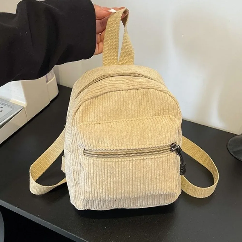 sac à dos mini en velours côtelé de couleur unie, léger, avec fermeture éclair, double bandoulière, multi-poches, style vintage, pour le quotidien et les voyages