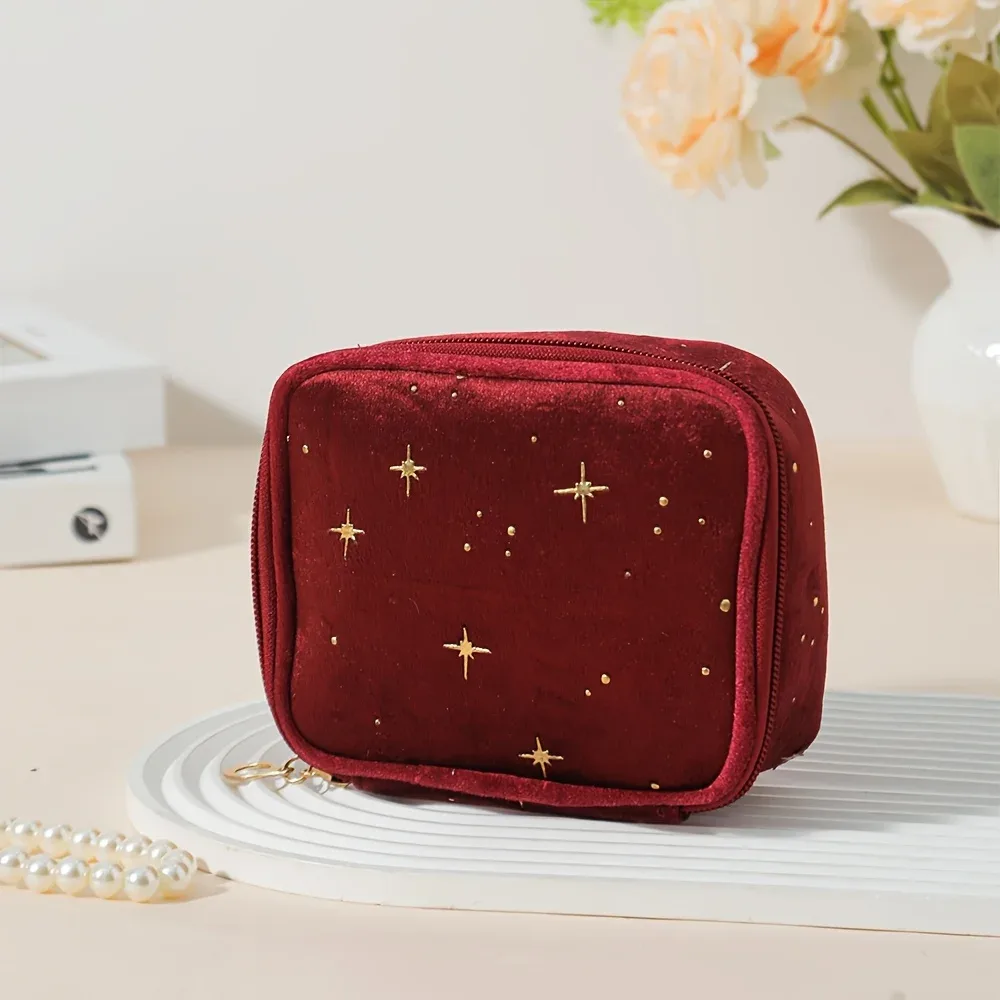 trousse de maquillage en velours sparkling star, pochette multi-usage de grande capacité avec fermeture éclair dorée pour pièces de monnaie de maquillage, 4 couleurs