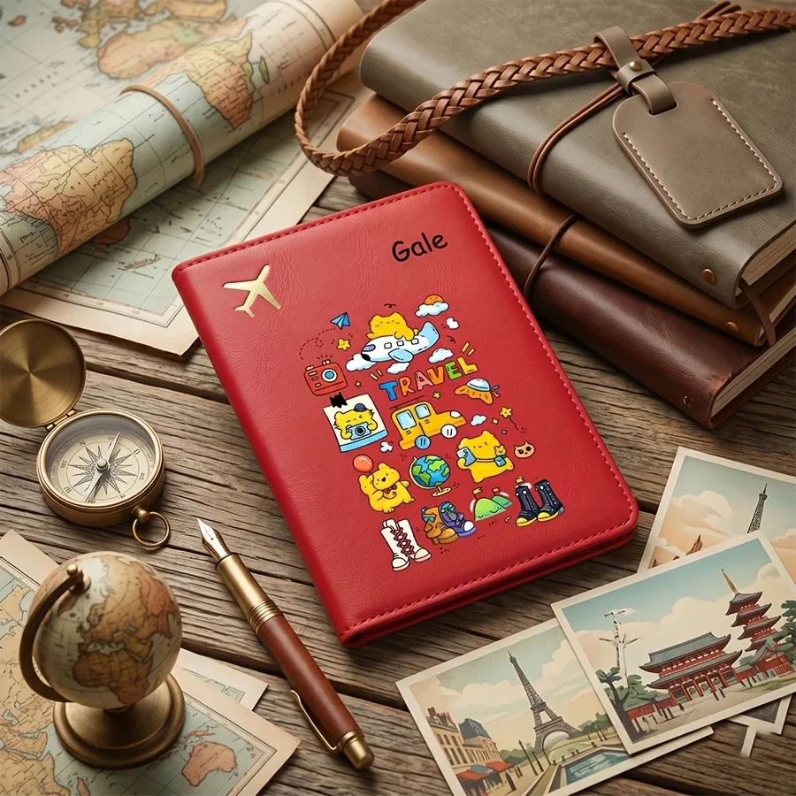 porte-passeport personnalisé avec nom et texte, étui de passeport mignon à motif de dessin animé, couverture de passeport et organiseur de documents, porte-billets de voyage