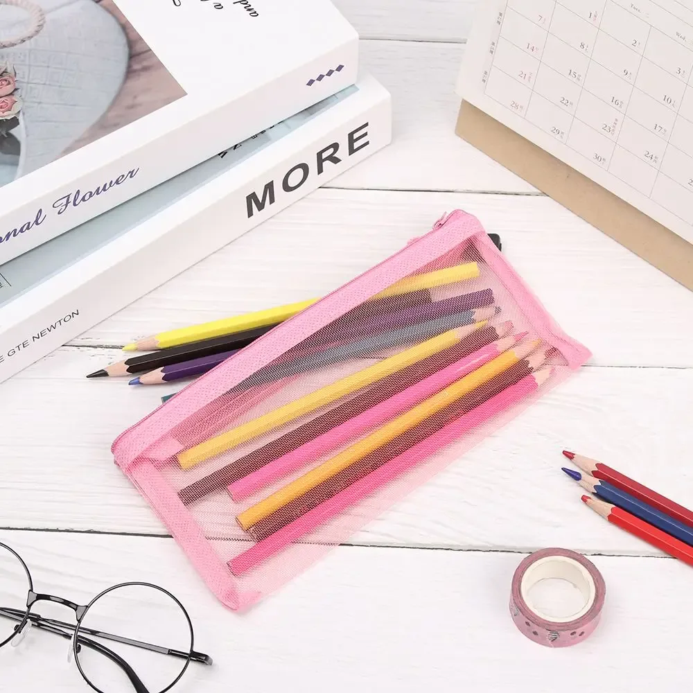 1 pièce trousse de rangement en nylon couleur unie, transparente à grille, avec fermeture éclair, pour papeterie, maquillage, monnaie, cosmétiques et stylos