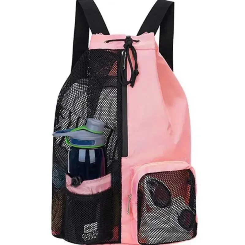 sac à dos respirant en maille noire avec cordon de serrage, poche latérale et bretelles durables pour la gym, la natation, la plage et les voyages en plein air
