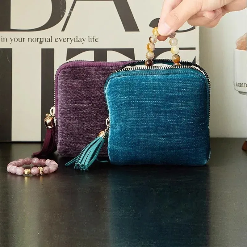 sac de rangement pour bijoux exquis avec pendentif pompon, pochette zippée pour bagues, grande capacité, sac de voyage pour bracelets en cristal