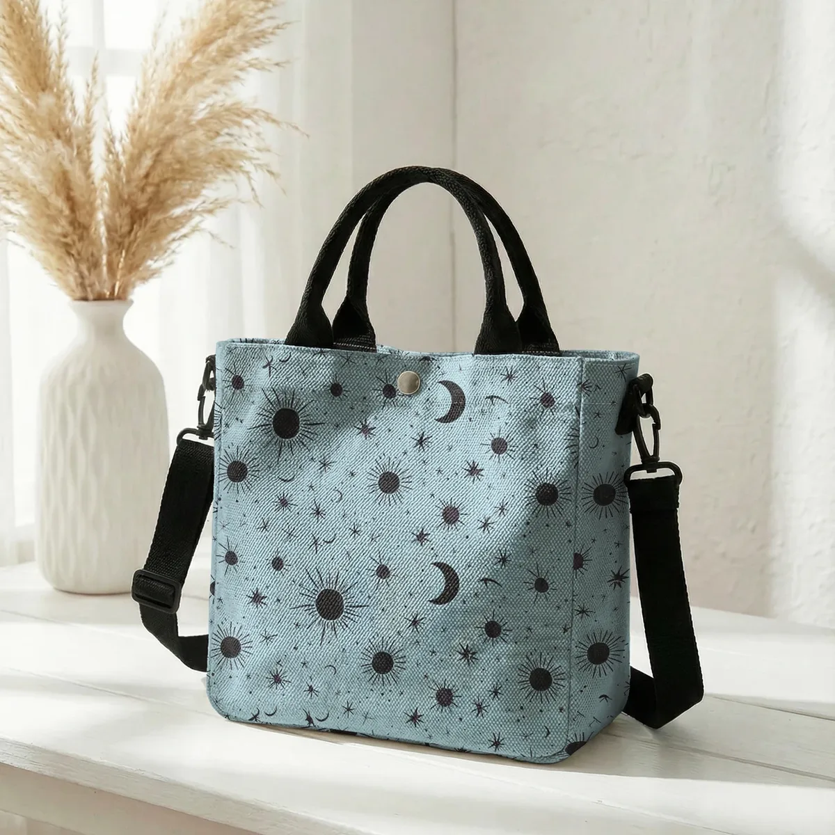 sac fourre-tout violet imprimé soleil, lune et étoiles, avec bandoulière amovible, sac à main pour femme, pour les courses quotidiennes