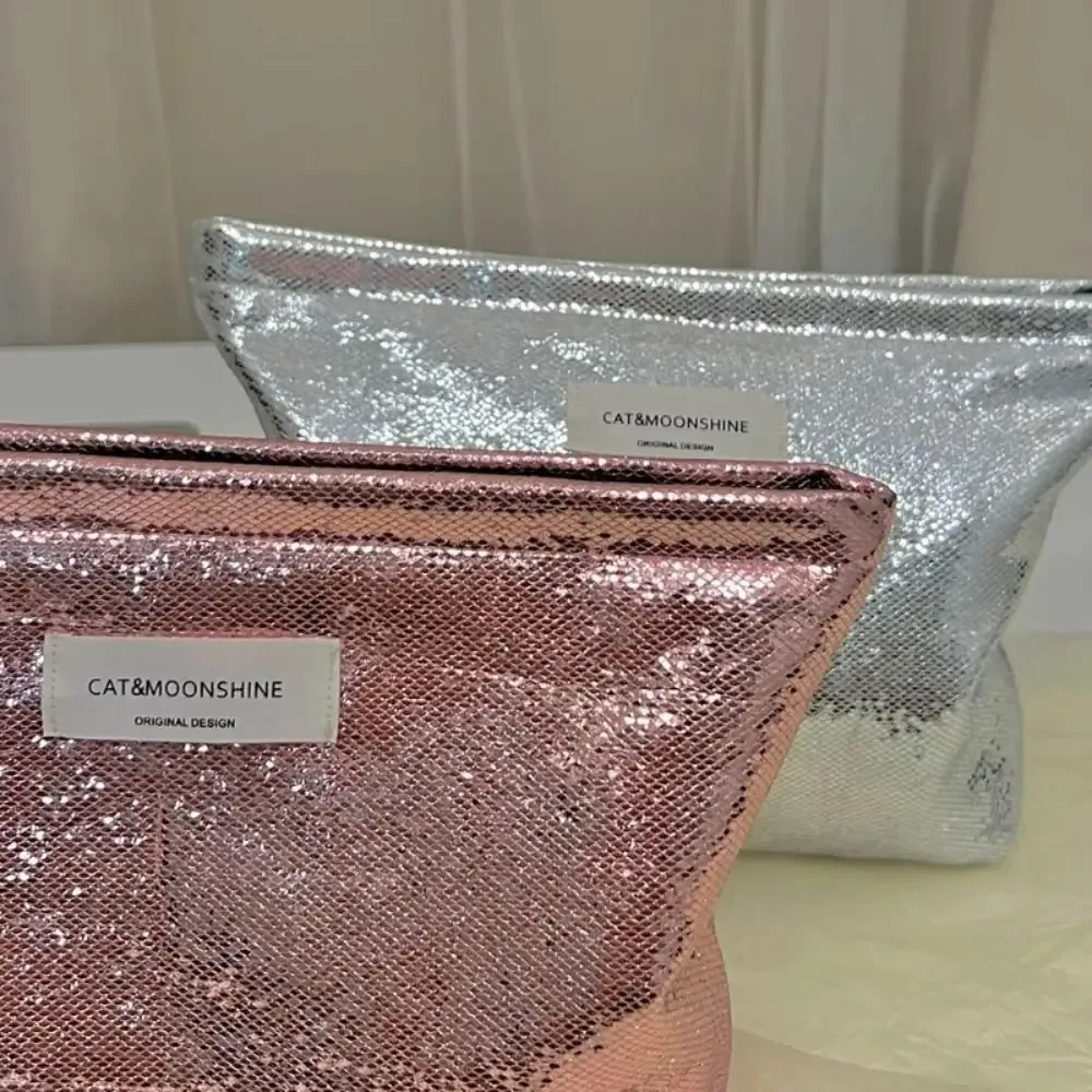 sac de maquillage à paillettes brillantes pour femmes, sac à cosmétiques argenté champagne, couleur unie, sac de rangement pour articles de toilette et soins de la peau