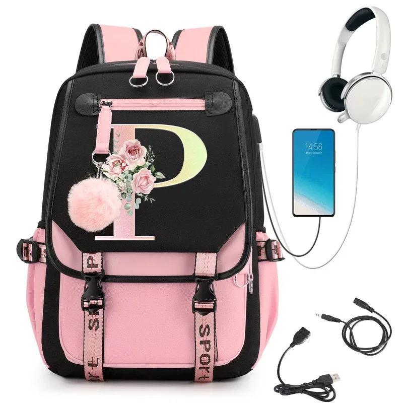 sac à dos rose graphique or imprimé lettre fleur a-z alphabet épaule sac adolescente mode fille sac à dos lycée sacs à dos