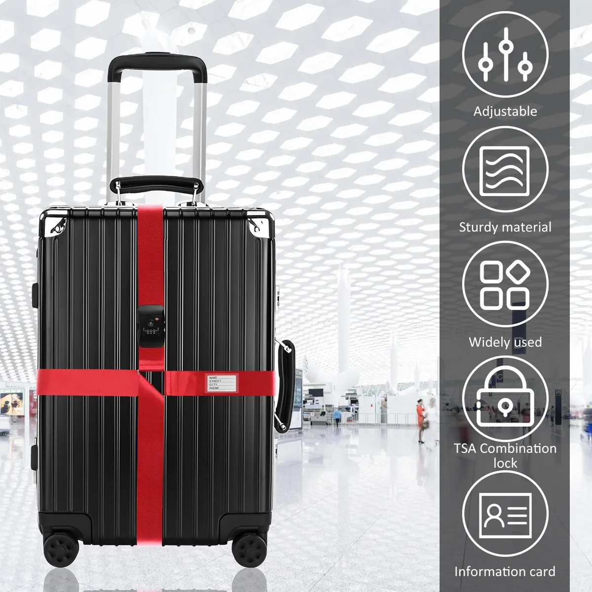sangle de bagage croisée tsa, serrure douanière, ceinture de valise à longueur réglable avec étiquette d'identification transparente, ceinture de voyage durable pour bagages