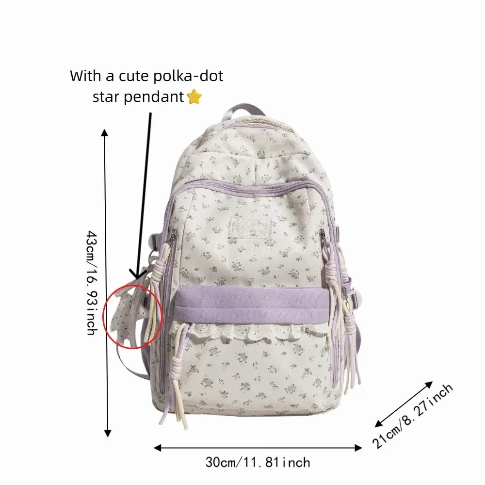 sac à dos à imprimé floral avec décor en dentelle, ultra léger, avec pendentif étoile, esthétique fraîche, grande capacité, idéal pour les trajets quotidiens.