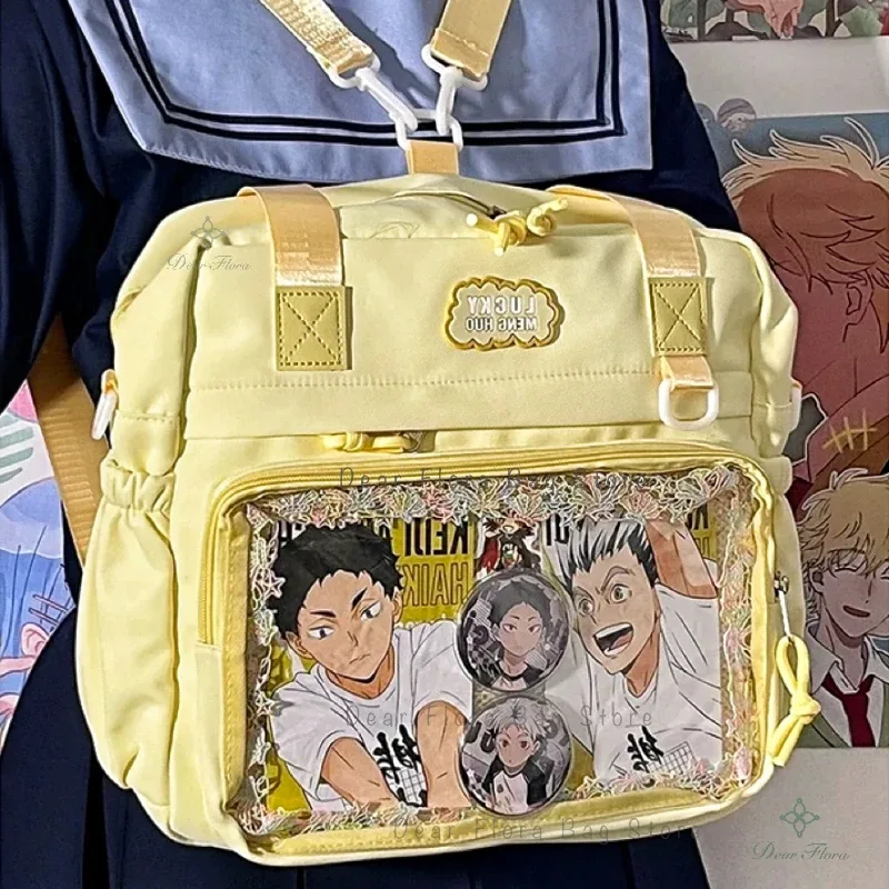 y2k-sac à dos ita pour femme, sac à dos avec badge bricolage, poche transparente pour fille, sac à main décontracté, nylon, grande capacité, initié, mode, mignon