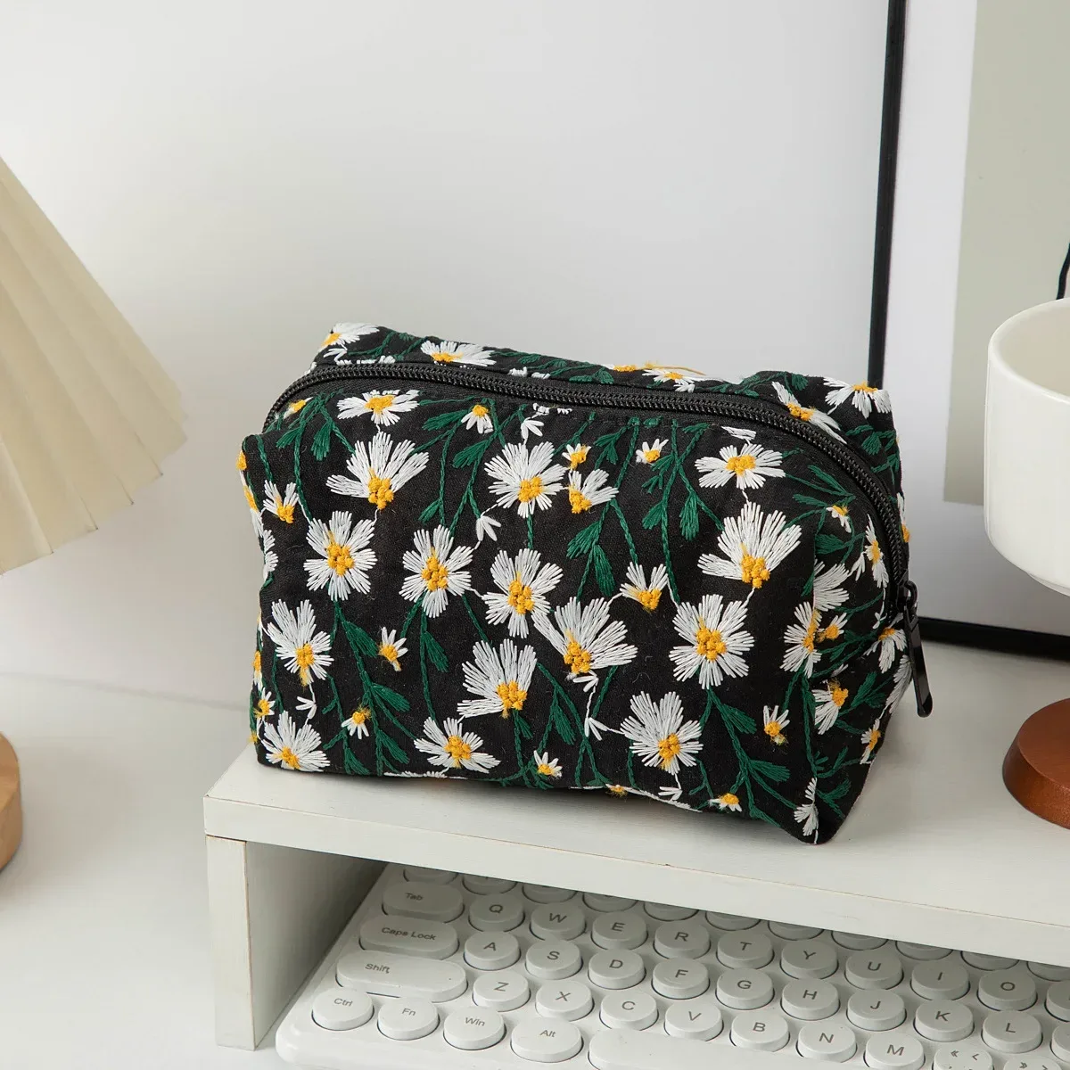 sac à cosmétiques brodé de fleurs, organisateur de maquillage en toile à fermeture éclair, pochette de rangement de voyage, trousse de beauté pour femmes