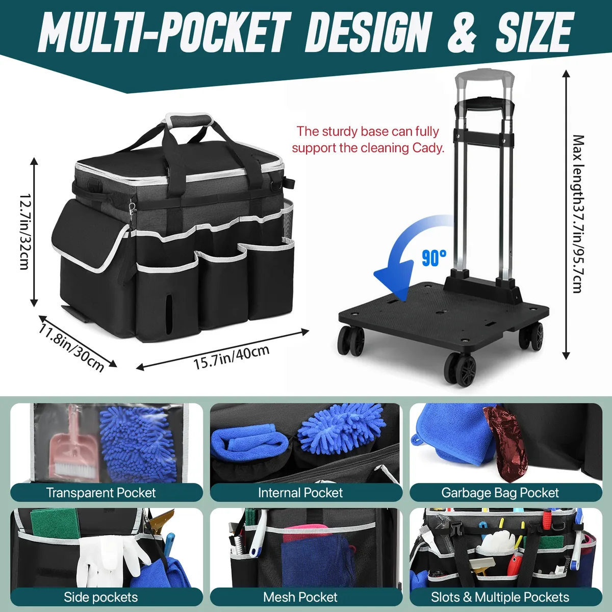 sac de caddie de nettoyage roulant, sac à outils, sac de rangement d'outils de nettoyage, grand sac de nettoyage portable professionnel avec roues, sacs oxford