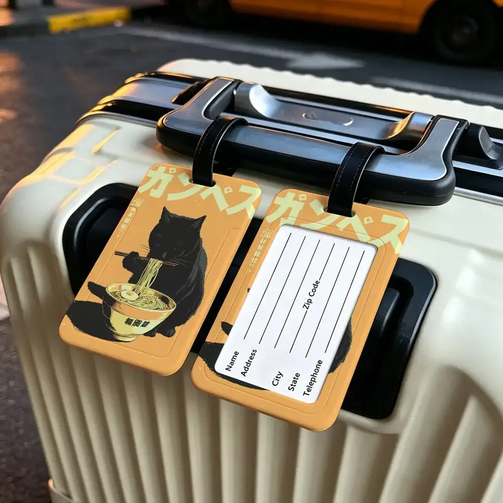 chat japonais mangeant des nouilles, étui pour carte d'information en toile imperméable, étiquette de bagage en pvc, identifiant anti-perte pour valise et sac à main