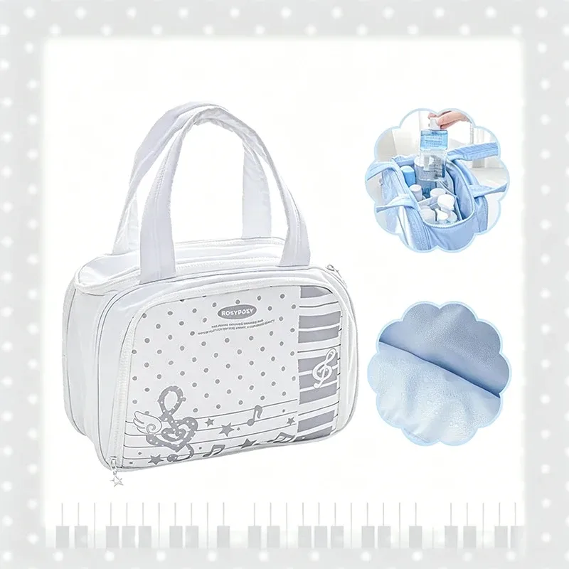 grande trousse de maquillage compartimentée, motif fraises et notes musicales, sac à main portable multi-couches pour voyage et toilette