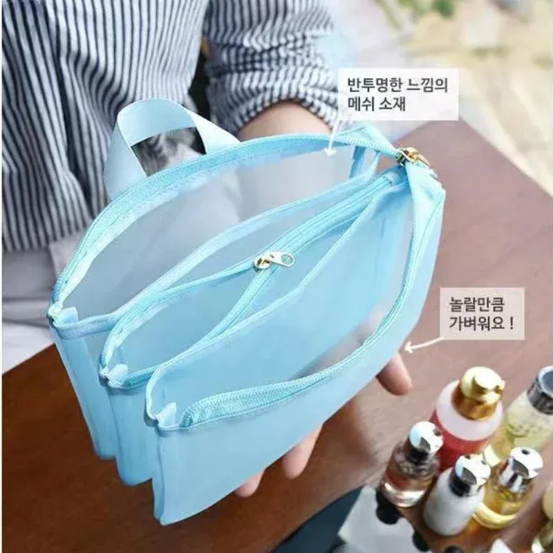 sac de rangement de lavage à glissière de voyage à trois couches, étui en maille, fourre-tout, sacs à cosmétiques, transparent, rouge à lèvres, toilette, trousse de maquillage