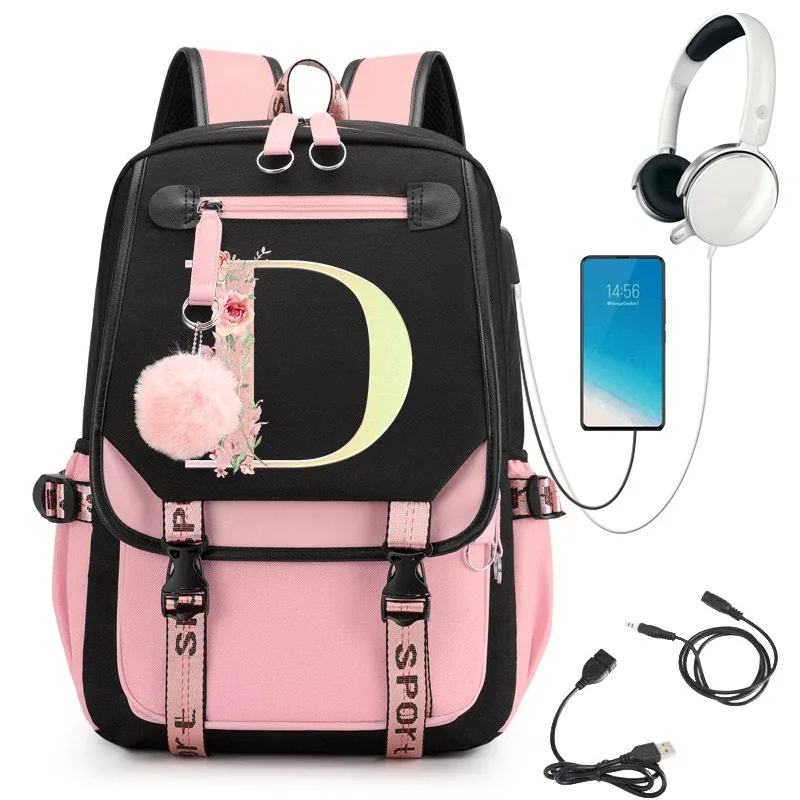sac à dos rose graphique or imprimé lettre fleur a-z alphabet épaule sac adolescente mode fille sac à dos lycée sacs à dos