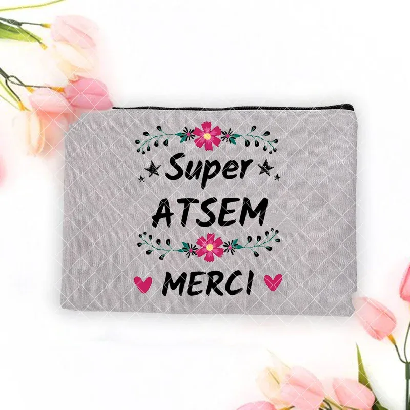 merci atsem – trousse de maquillage imprimée française, grande trousse à crayons, fournitures de papeterie scolaire, sac de rangement, pochette de lavage de voyage, cadeaux pour atsem