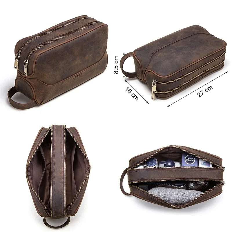 trousse cosmétiques cuir vache marron noir boîte haute capacité pochettes intérieures zipper voyage usage