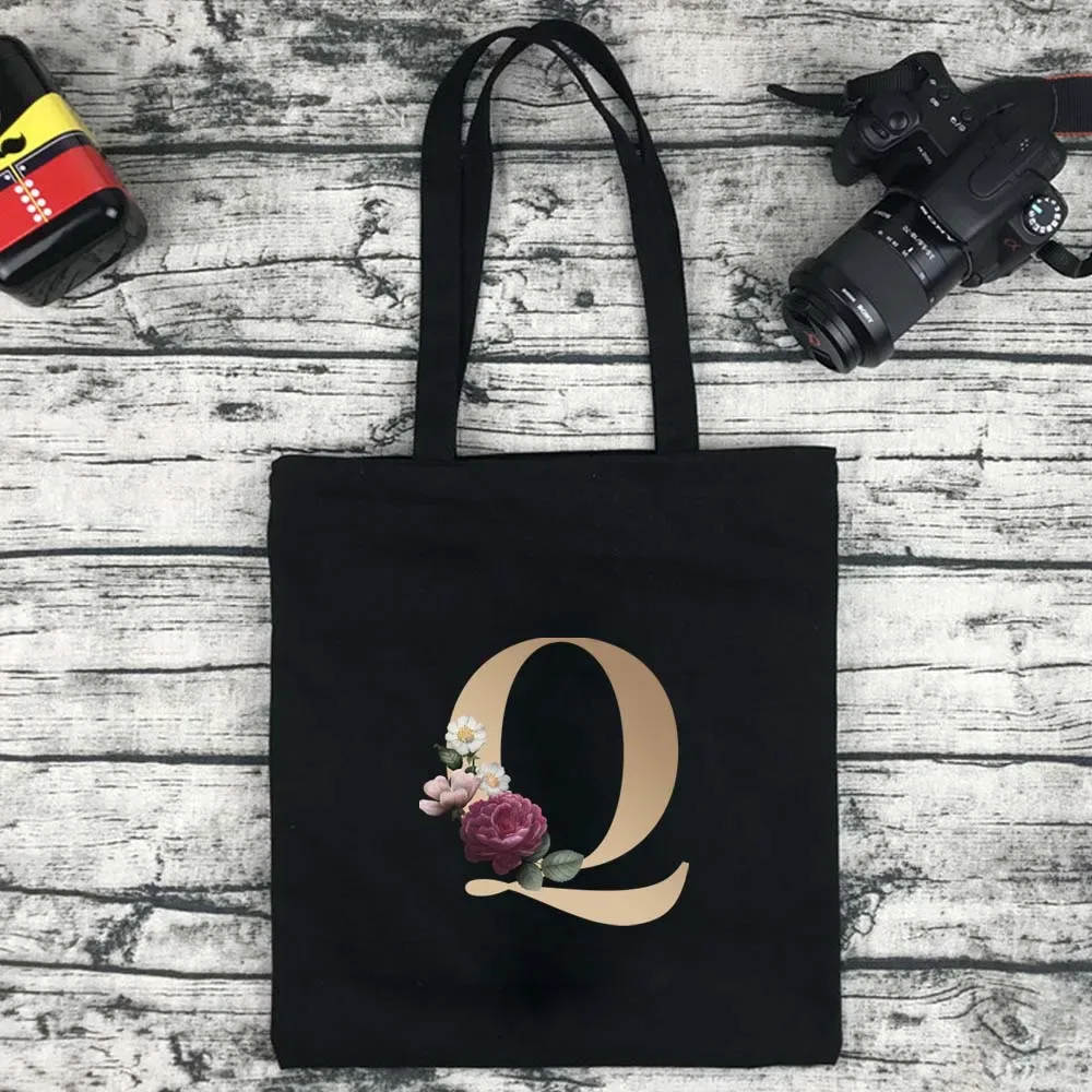sac de shopping écologique pour femmes, sac à bandoulière portable pliable noir, sac à main réutilisable de grande capacité avec lettres, fourre-tout bolsos