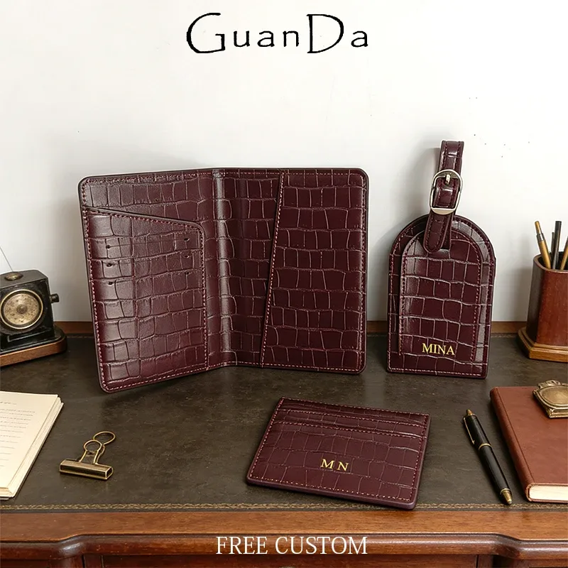Porte-passeport en cuir à motif crocodile, étiquette de bagage personnalisée avec gravure d'initiales, porte-cartes rétro de luxe, cadeau
