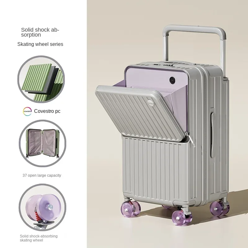 valise de voyage à tige de traction large, cinq roues, porte-bagages de 28 pouces, grande capacité, ouverture avant, pochette d'ordinateur, valise de cabine de 20 pouces