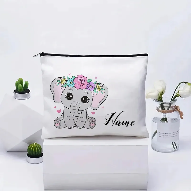 vente flash : grande trousse à maquillage en toile avec motif d'éléphant mignon, essentiels de voyage pour anniversaire d'enfants, trousse de maquillage avec nom personnalisé