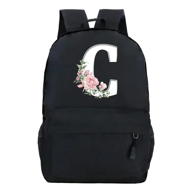 étudiant dames rose floral alphabet blanc impression sac à dos femmes fleur harajuku cartables femme rose lettre sac à bandoulière
