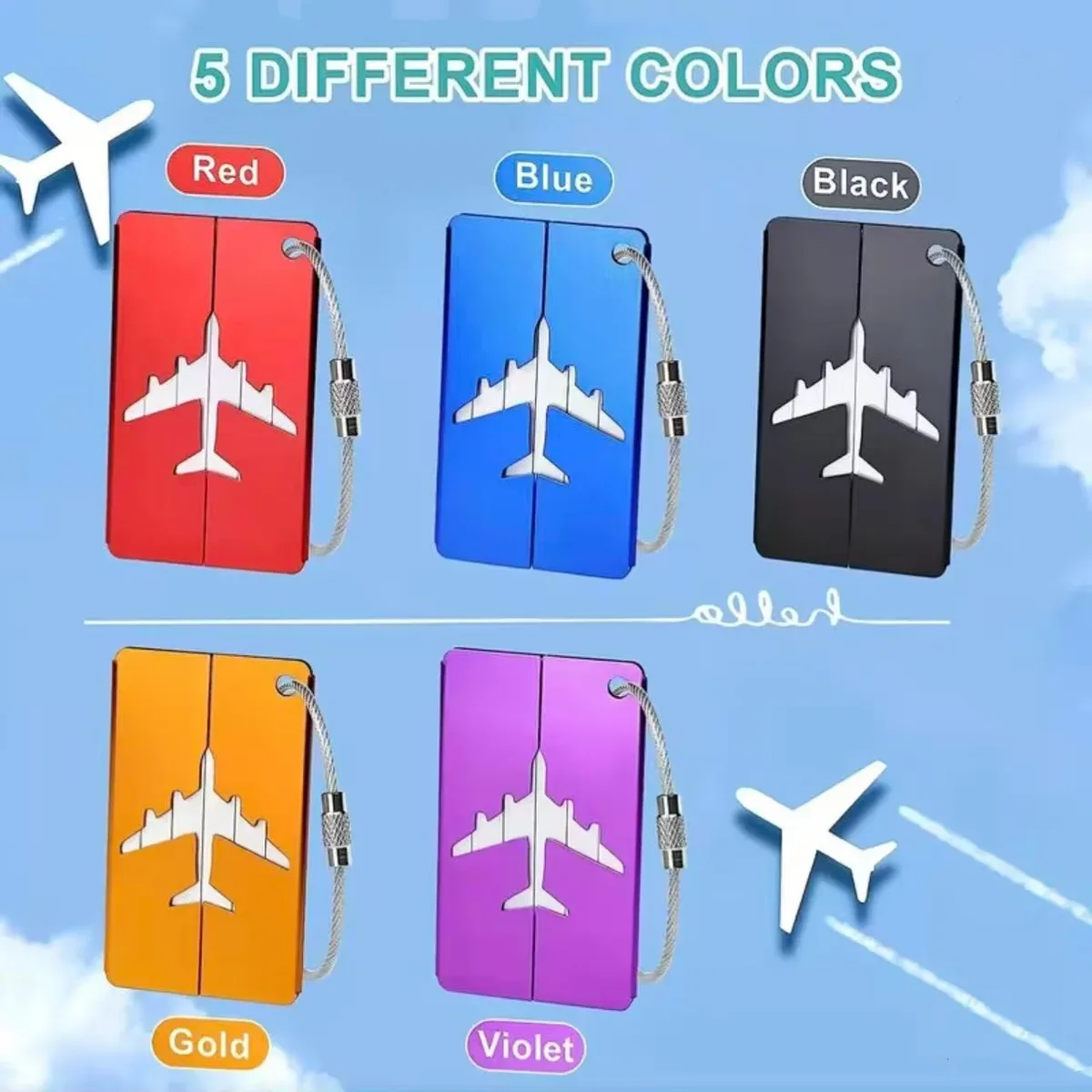 étiquette bagage métallique silhouette avion blanc noir rouge bleu orange violet carte information contact accessoires voyage