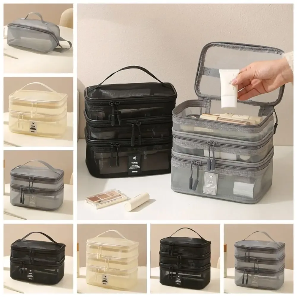 Sacs à cosmétiques en maille à fermeture éclair, 1/2/3 couches, sac de rangement Transparent à Double couche, organisateur de produits de toilette multifonctionnel à main pour femmes