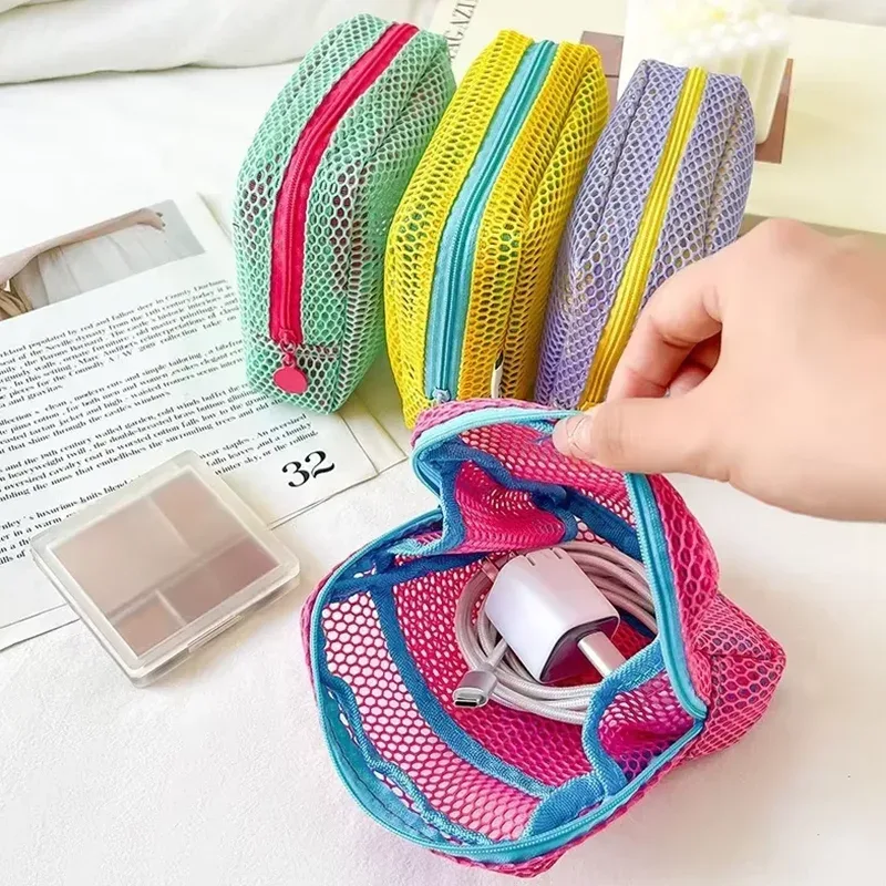 mini porte-monnaie portable en maille, trousse de maquillage en tissu maille dopamine, sac de rangement pour argent, rouge à lèvres et fards à paupières pour les voyages et le shopping