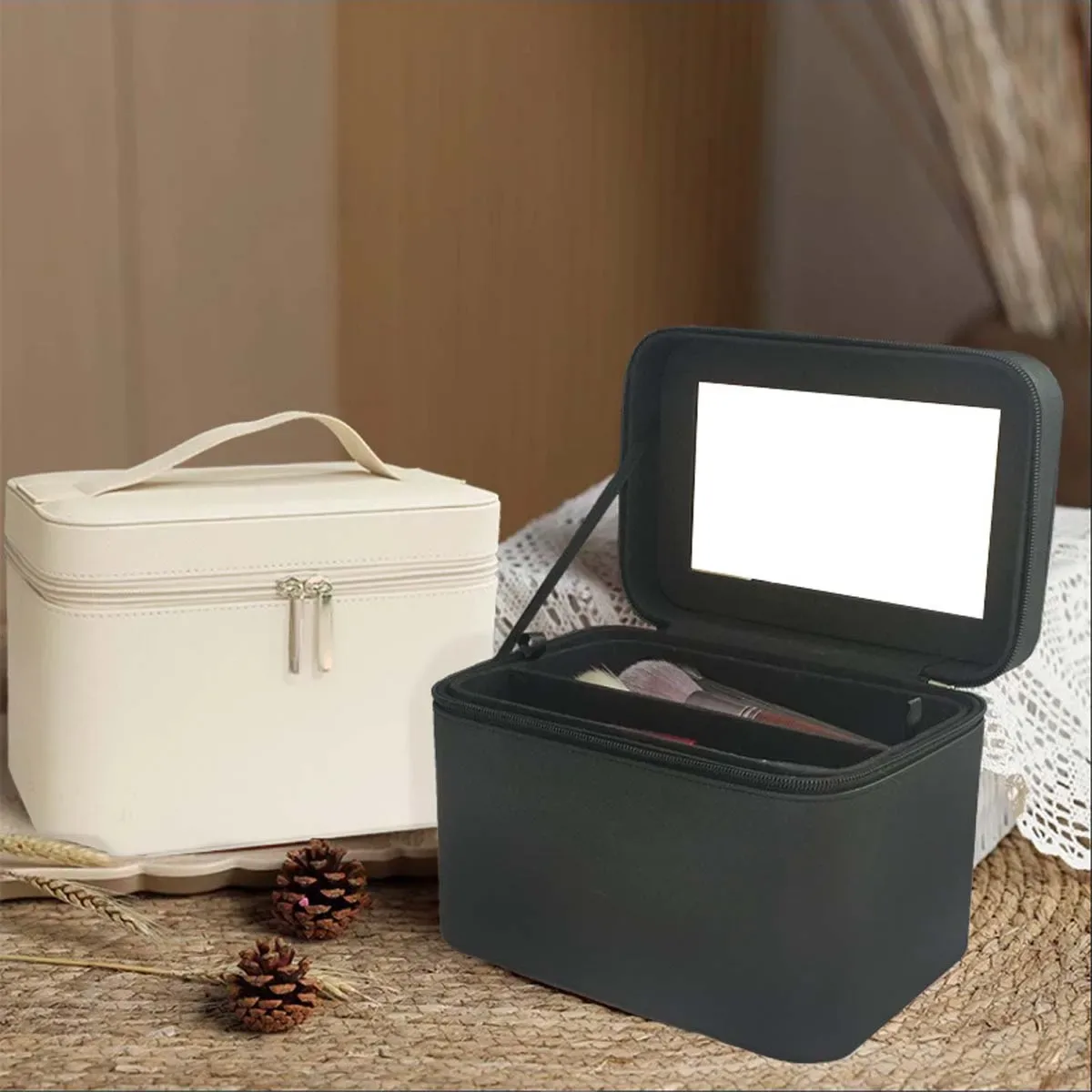 trousse de maquillage avec grand miroir, sac de voyage portable, grande capacité, boîte de rangement simple pour cosmétiques avec plateau miroir