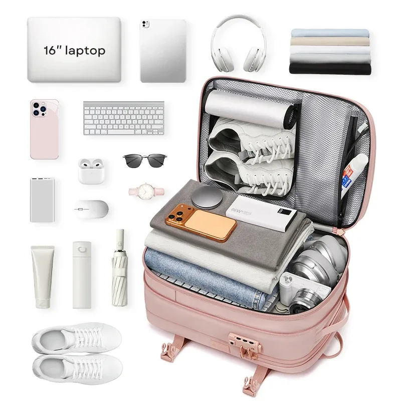 sac à dos de voyage pour femme, sac à dos à compression sous vide pour ordinateur portable 16 pouces, sac à dos scolaire avec chargement usb, sac à dos de randonnée et d'affaires extensible