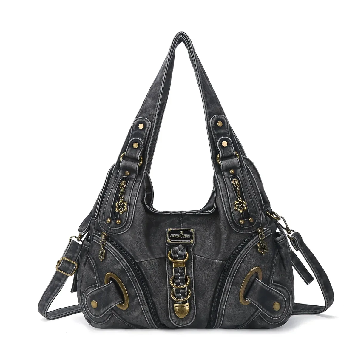 grand sac à main noir vintage pour femme, sac à bandoulière tendance, sac à poignée supérieure, sac à main de type « dumpling », avec plusieurs poches.