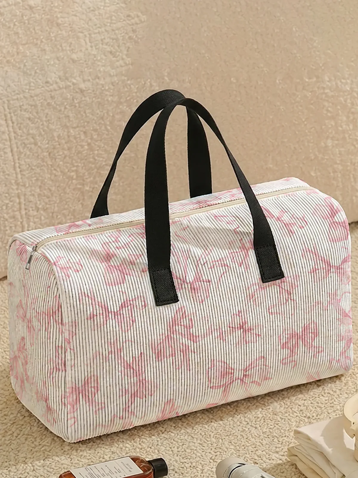 sac voyage polyester papillons roses rayures grises motif beige blanc transport week end sport