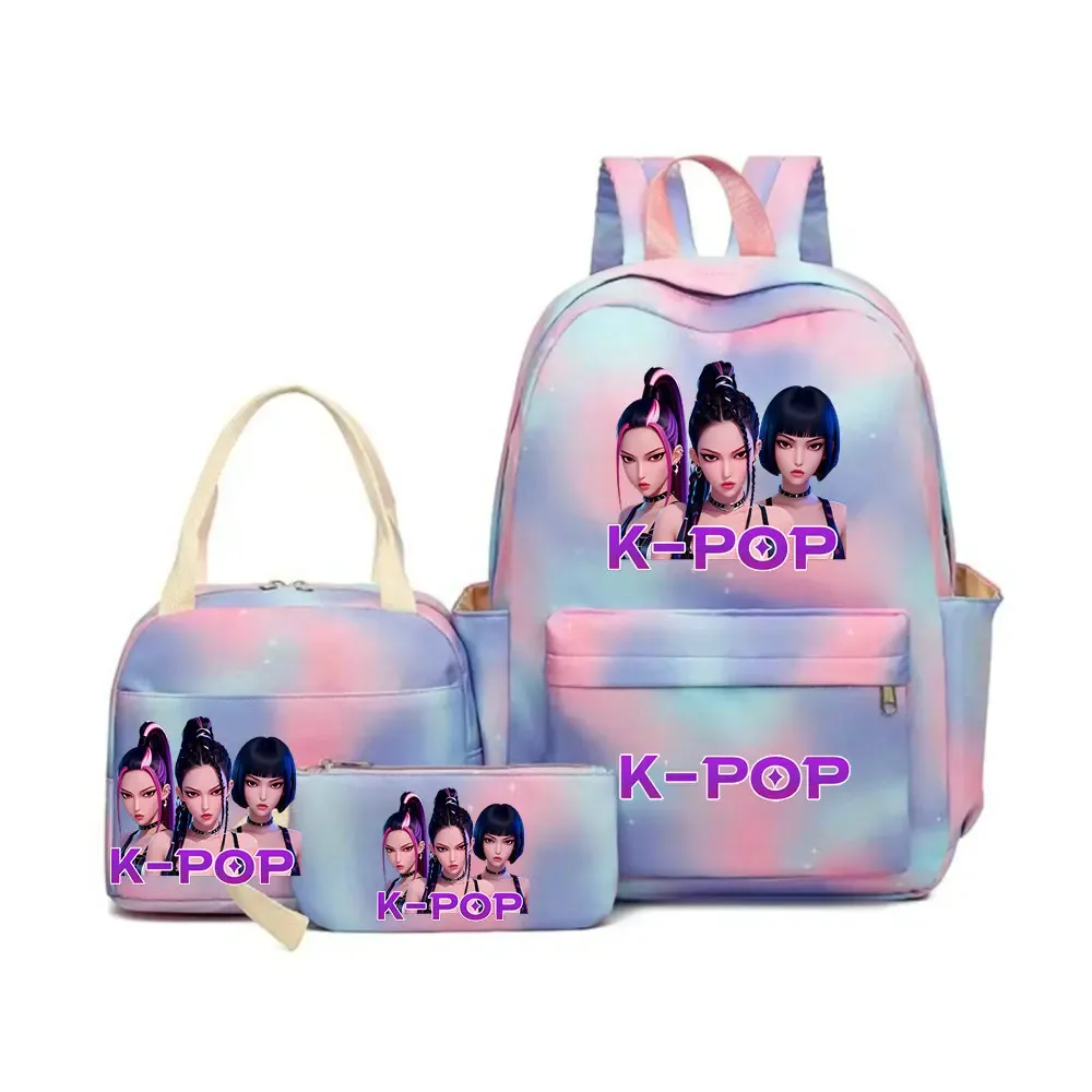 sac dos polyester motifs personnages kpop pompon ceinture coussin air bandes latérales poignée supérieure pliable extensible bleu rose violet voyage adolescents