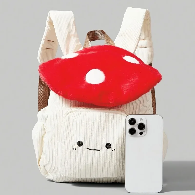 sac à dos champignon en peluche kawaii pour femmes, fourre-tout mignon avec bretelles réglables, fermeture à glissière, sacs à dos d'étudiant en velours côtelé rouge/blanc