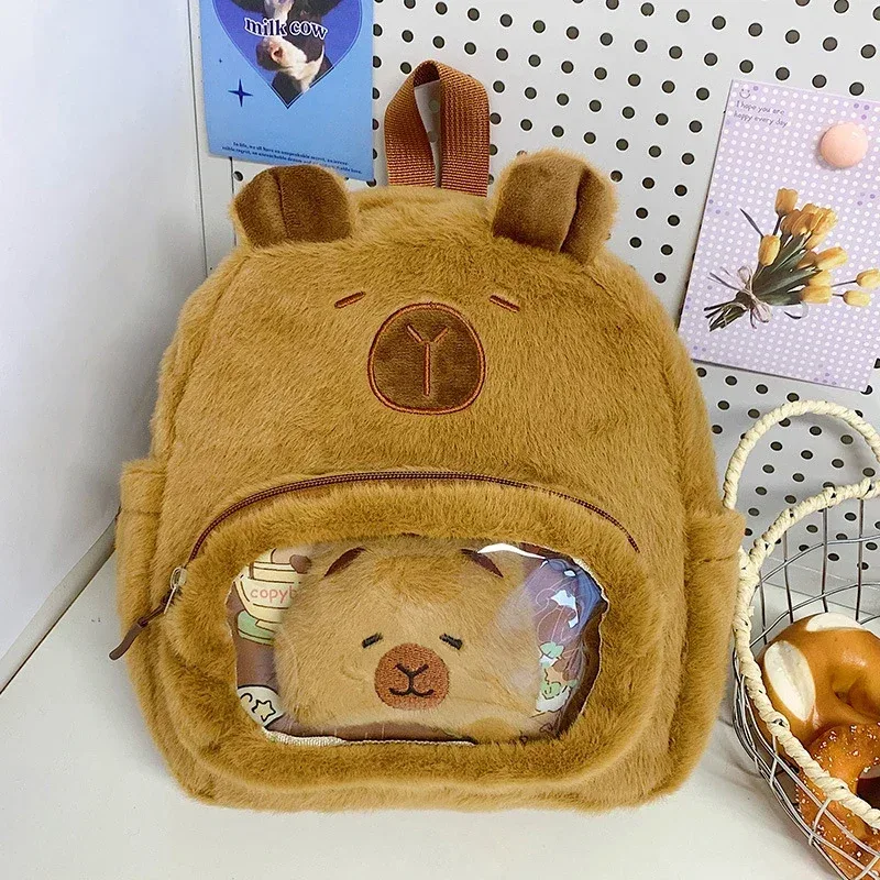 nouveau sac à bandoulière double en peluche capybara-mignon et polyvalent, sac à dos d'étudiant cochon d'inde de dessin animé mignon avec compartiment de rangement