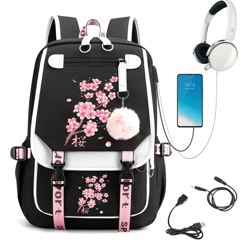 sac à dos d'école kawaii pour filles, sac à livres mignon, sakura tombant, aucune fleur, adolescentes, étudiant, sac de voyage lancé