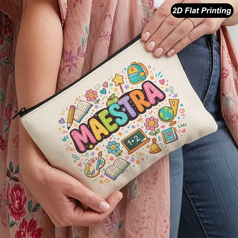 pochette de maquillage avec citation d'enseignant pour femmes, sacs cadeaux pour elle, trousse de toilette de voyage à fermeture éclair imprimée double face pour femmes, 1 pièce