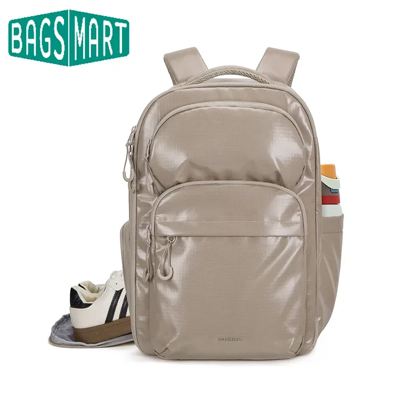 sac dos polyester beige forme rectangulaire poches latérales compartiment chaussures capacité 27l usage voyage école affaires