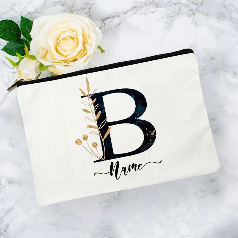 pochette organisatrice en toile noire et or de luxe avec initiales, sac de voyage pour cosmétiques, cadeau de toilette d'anniversaire avec nom personnalisé