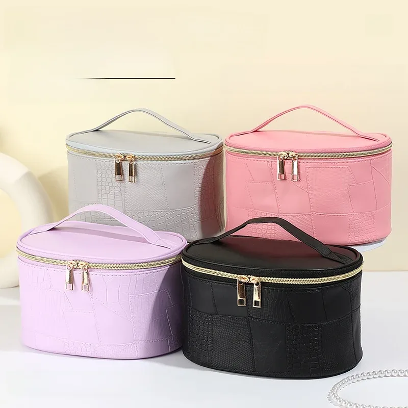 nouvelle trousse de maquillage élégante en pu imperméable grande capacité, sac de rangement portable de voyage à motif crocodile pour un style décontracté