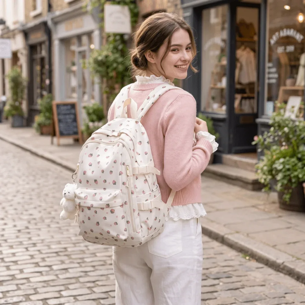 sac à dos mignon à imprimé floral de grande capacité, multi-poches, motif de nœud épaissi, sac d'école léger et durable, sac à dos de voyage