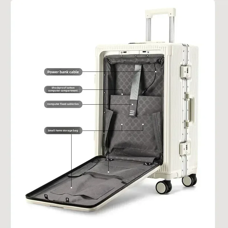 valise à roulettes grande capacité à ouverture frontale, cadre en aluminium, avec porte-gobelets