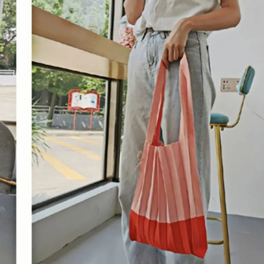 sac à main pliable en tricot, sac de shopping de grande capacité, pochette à bandoulière, sac écologique pliable, sac plissé de couleur contrastée, sac de voyage