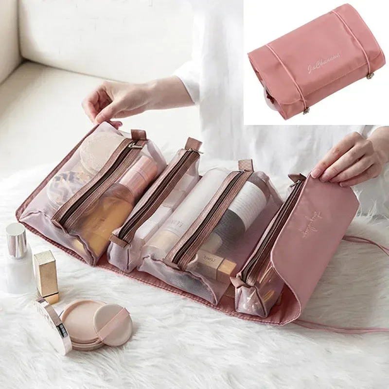 trousse de maquillage de voyage, grande capacité, trousse de maquillage pour femmes, sac portable imperméable à ouverture plate, avec séparateur et poignée