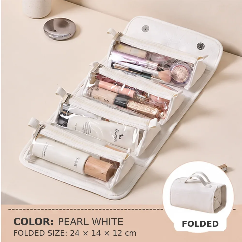 trousse de maquillage de voyage pour femmes en déplacement professionnel, 4 pochettes transparentes détachables, organiseur de cosmétiques et de toilette pliable à suspendre