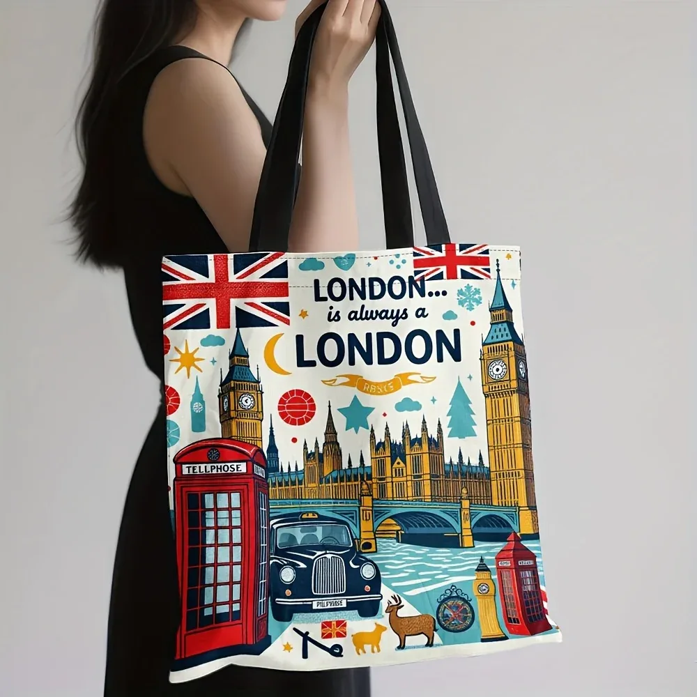 sac fourre-tout réutilisable pour courses, pour femmes, design sur le thème de londres, big ben, cabines téléphoniques rouges, union jack, sac de courses en toile de grande capacité
