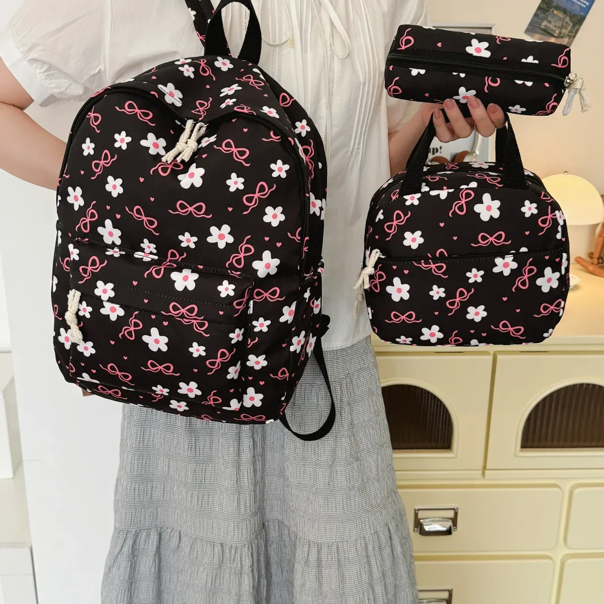 sac à dos imprimé fleurs avec nœud, léger et multifonctionnel, ensemble de trois pièces, pour étudiants et campus – collection high beauty sweet cool